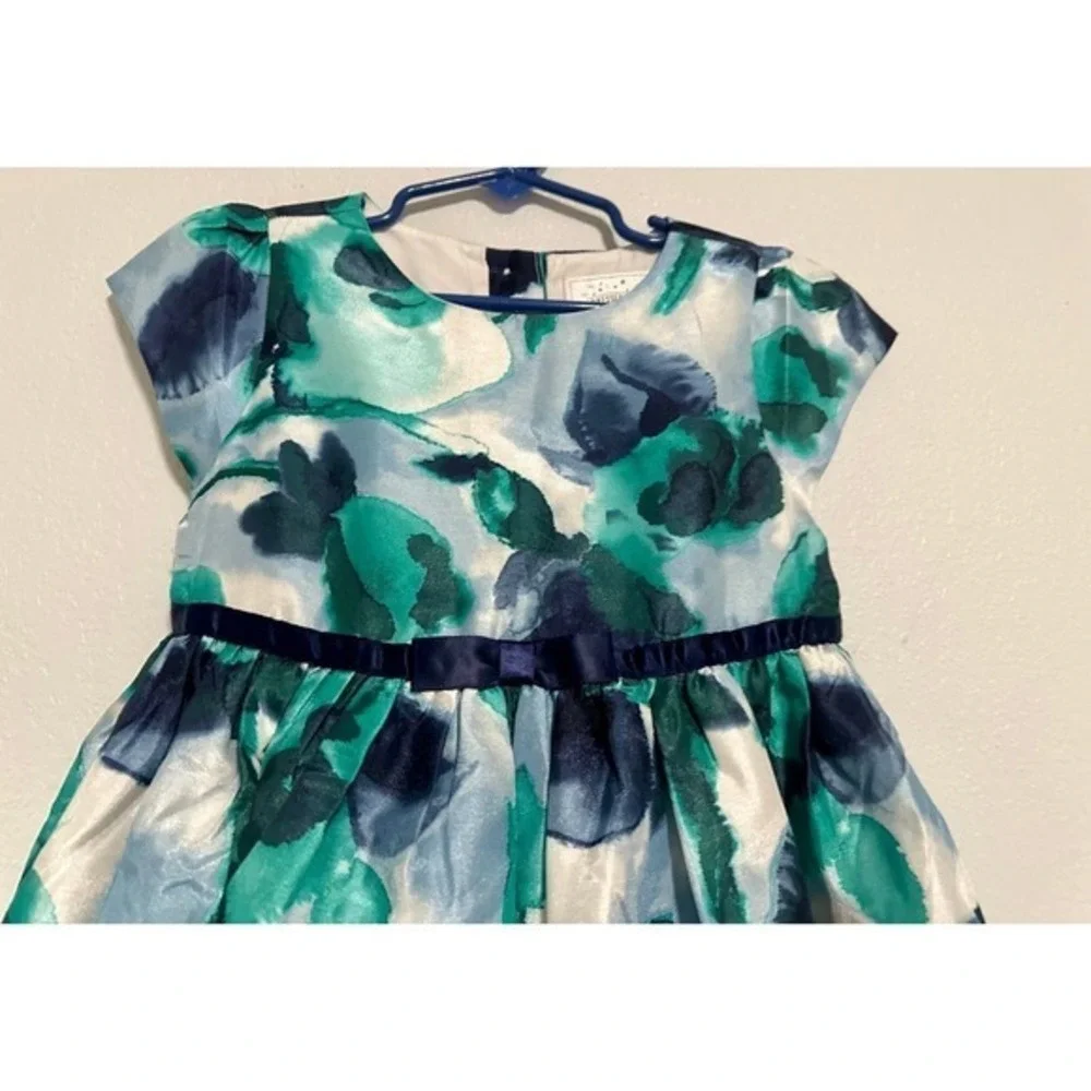 Gymboree Floral Party Dress Kids 5T Teal Navy Excellent‎ Watercolor Satin Bow